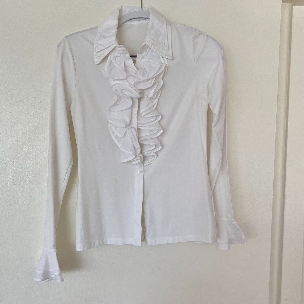 Ruffled White Signature Button Up Blouse